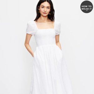 LOFT Striped Smocked Puff Sleeve Midi Dress